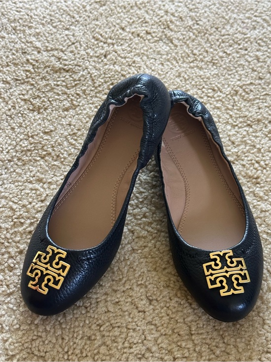 Tory Burch Shoes - Tory Burch Black Leather Ballet Flats with Gold Logo Medallion